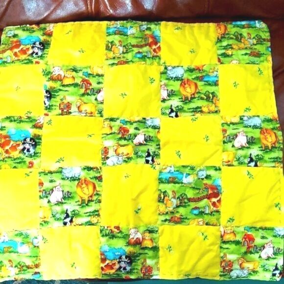 Vintage Miniature Handmade Yellow Farm Themed Quilt - Picture 1 of 6